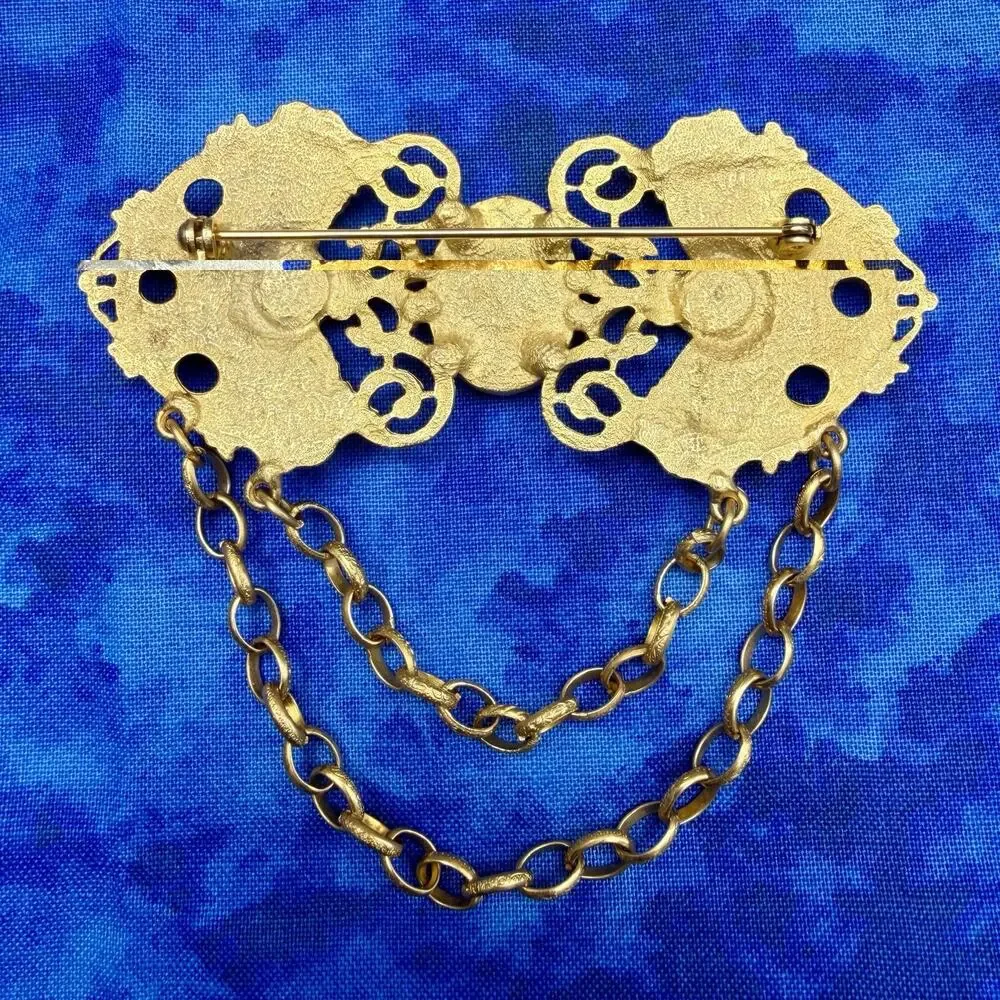 Vintage Victorian Revival Festoon Brooch Blue Rhinestone Gold Tone Chatelaine